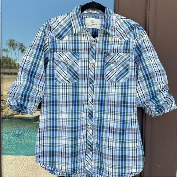 Scotch & Soda Western White/Blue/Green Plaid Full-Snap Scrunched Sleeve Shirt L - Picture 2 of 12